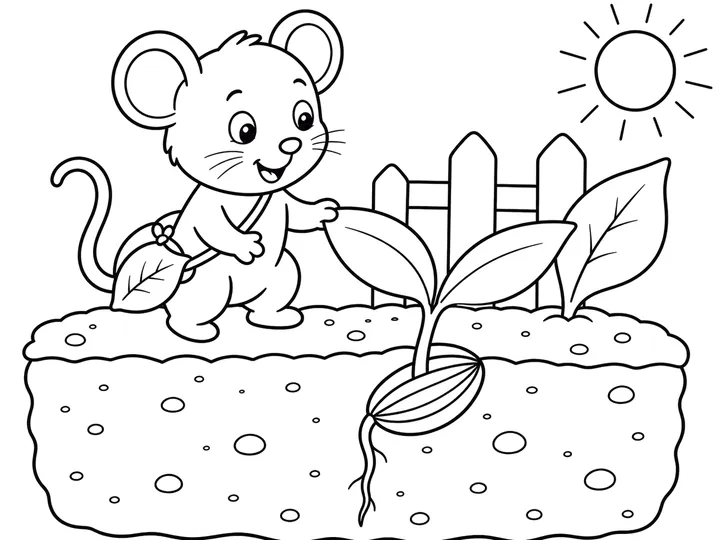 Pip with a young sunflower seedling and two leaves, printable coloring page