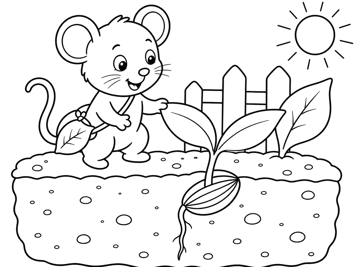 Pip with a young sunflower seedling and two leaves, printable coloring page