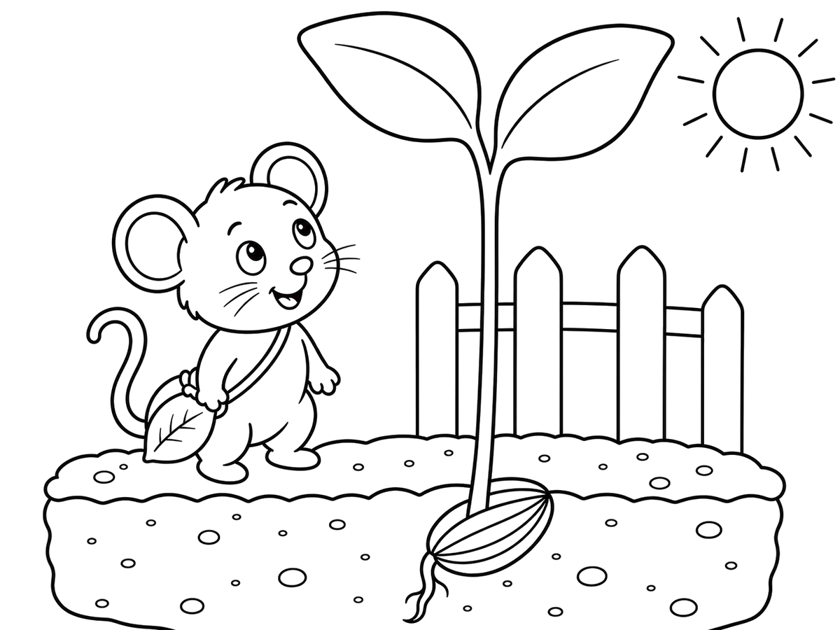 Pip beside a tall young sunflower stem, printable coloring page