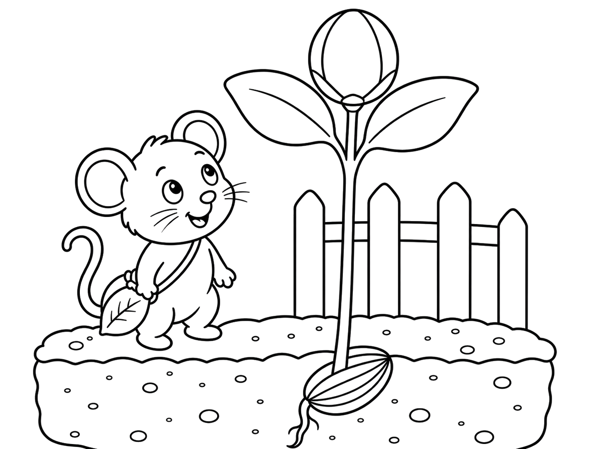 Pip looking up at a sunflower bud, printable coloring page