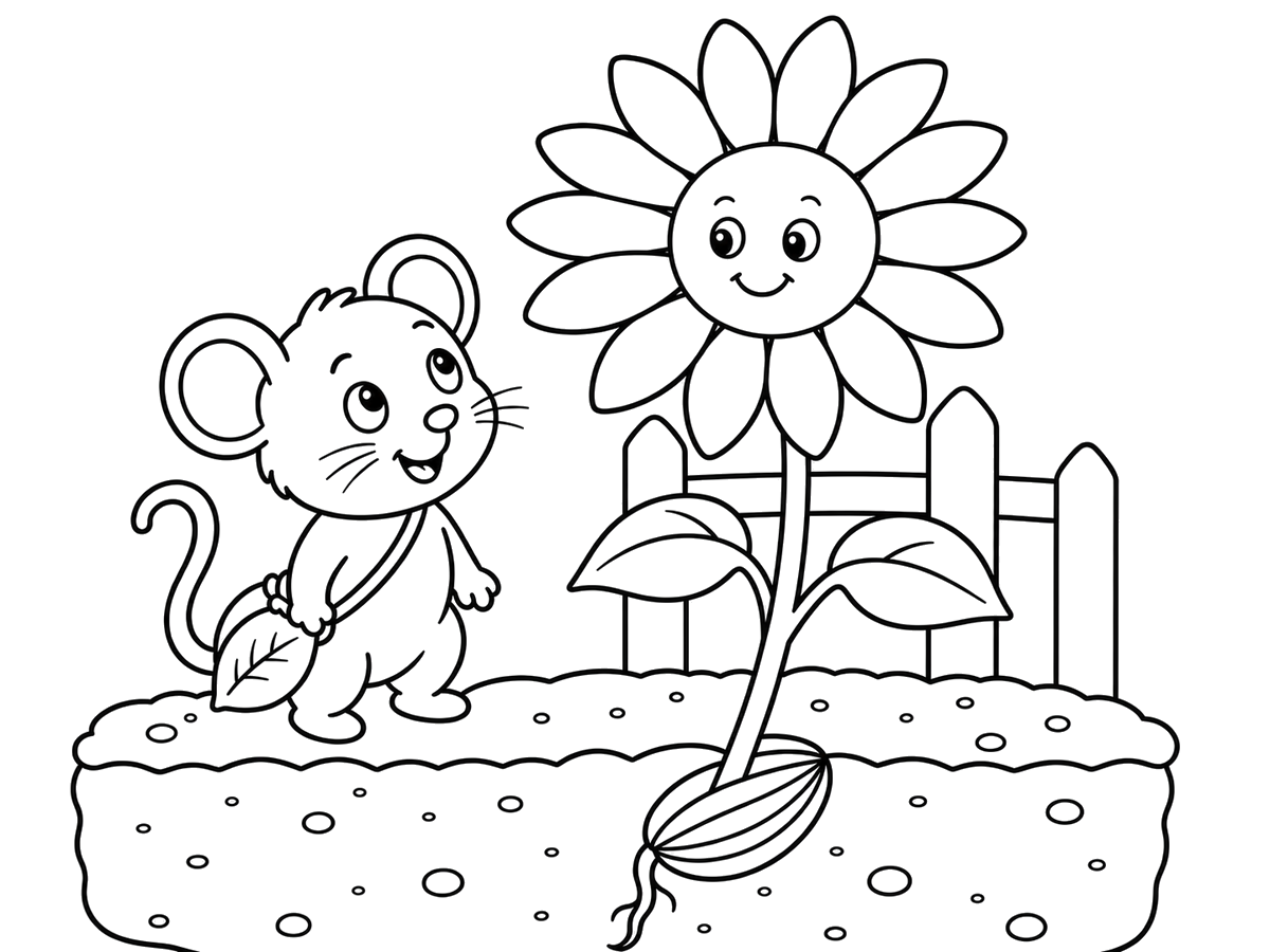 Pip beside a blooming sunflower with large petals, printable coloring page