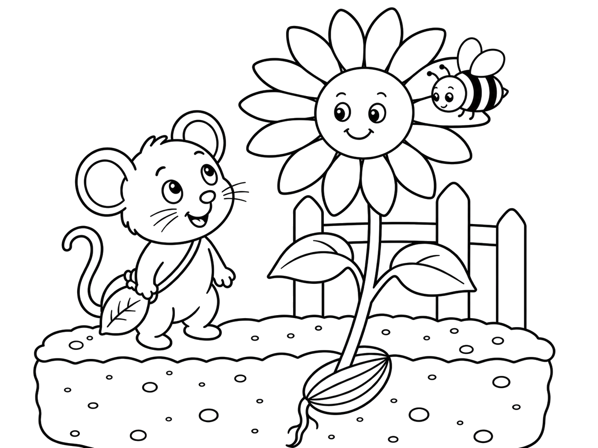 Pip and a friendly bee visiting a sunflower, printable coloring page