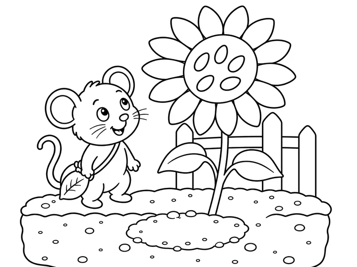 Pip beside a sunflower head full of new seeds, printable coloring page