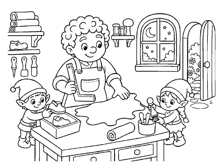 Niko placing one broad leather shape on the tidy workshop workbench, printable black-and-white coloring page