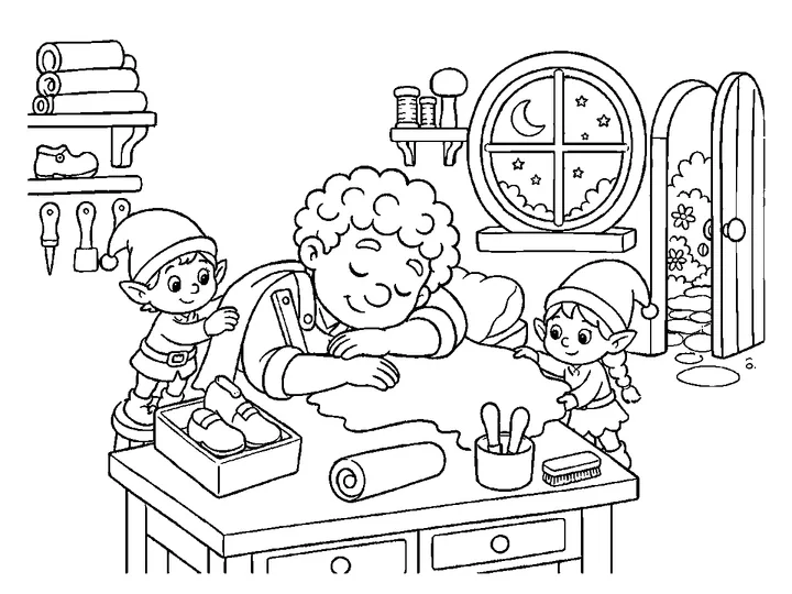 Niko sleeping peacefully in the workshop as moonlight shines through a round window, printable black-and-white coloring page