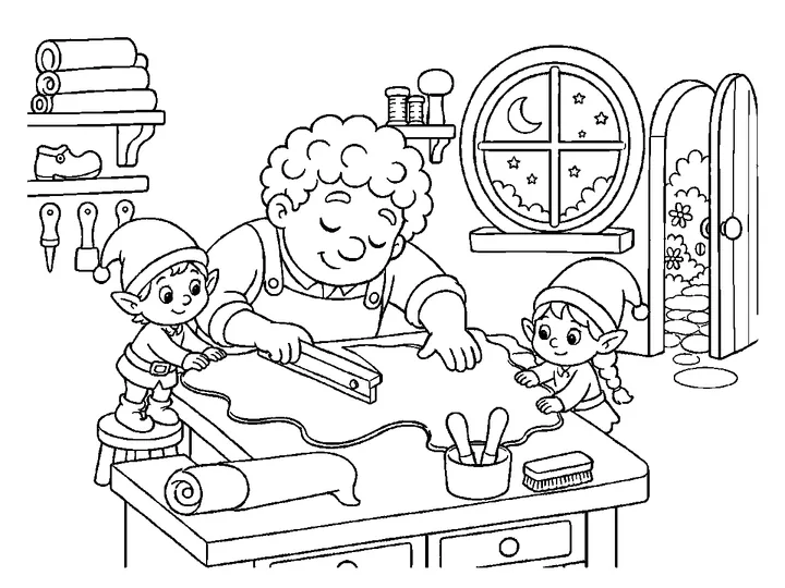 Pip and Pippa the tiny elves quietly helping shape leather in Niko's workshop at night, printable black-and-white coloring page