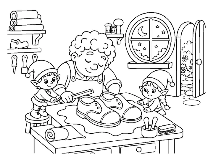 A beautiful broad pair of shoes resting on Niko's workbench in the morning light, printable black-and-white coloring page