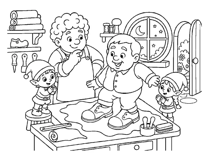 A friendly neighbor trying on the broad new shoes while Niko smiles in his workshop, printable black-and-white coloring page
