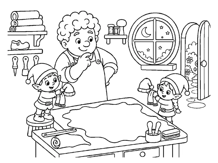Niko placing two tiny hats and two colorful scarves beside the workshop workbench as a thank-you, printable black-and-white coloring page