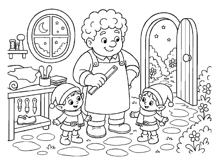 Pip and Pippa wearing their new tiny hats and scarves beneath the moon outside the workshop, printable black-and-white coloring page
