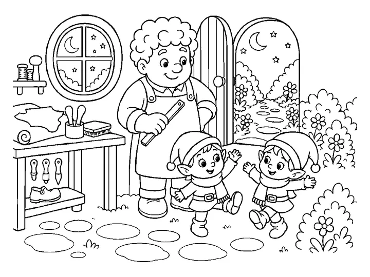 Pip and Pippa dancing in the garden while Niko watches from the warm workshop door, printable black-and-white coloring page