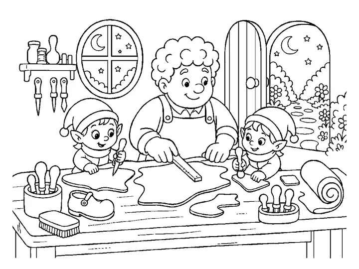 Niko, Pip, and Pippa together in the warm workshop making careful work as friends, printable black-and-white coloring page