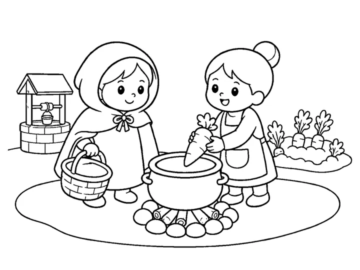 Nami bringing one large carrot from a village garden to the round cooking pot, printable black-and-white coloring page