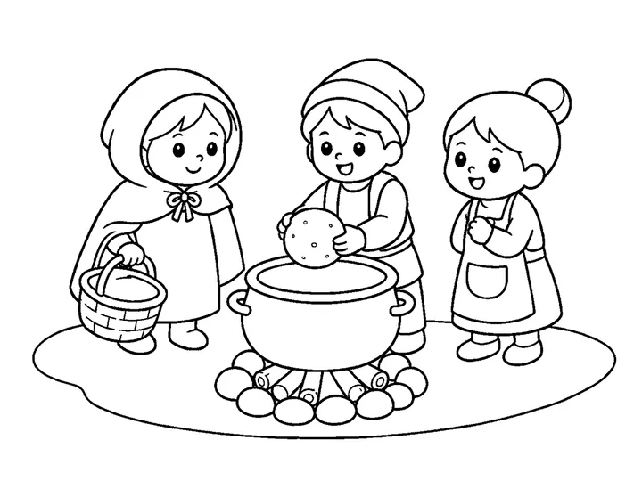 Oto adding one large round potato to the village soup pot as children watch, printable black-and-white coloring page