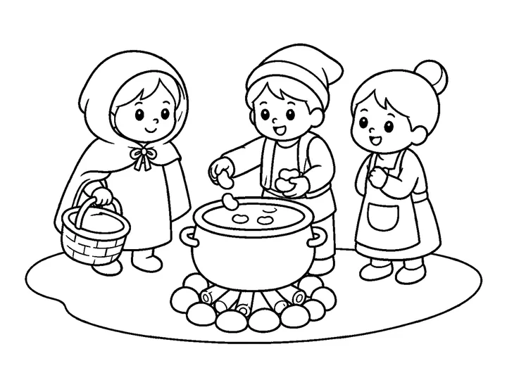 Mei adding a few large beans to the round soup pot in the village square, printable black-and-white coloring page