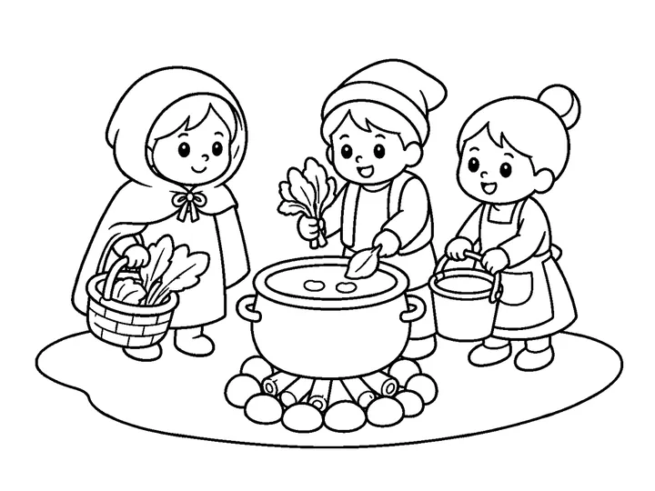 Village children bringing broad herbs and a bucket of clean water to the soup pot, printable black-and-white coloring page