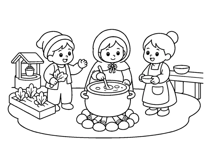 Sela gently stirring the round soup pot while village friends take turns nearby, printable black-and-white coloring page