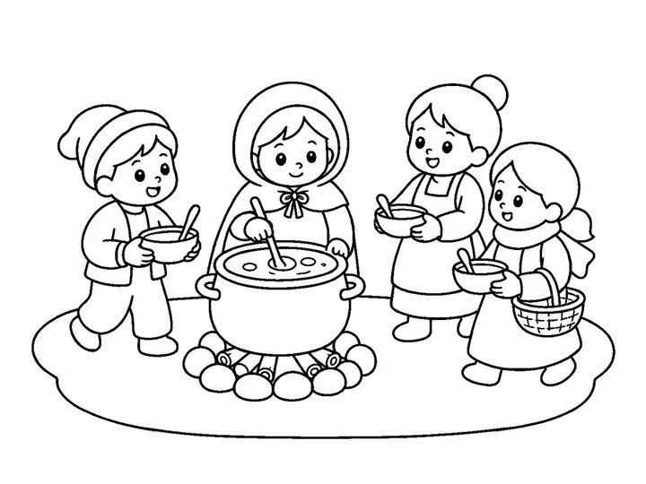 Neighbors arriving with broad bowls and spoons as the warm soup smell fills the village square, printable black-and-white coloring page