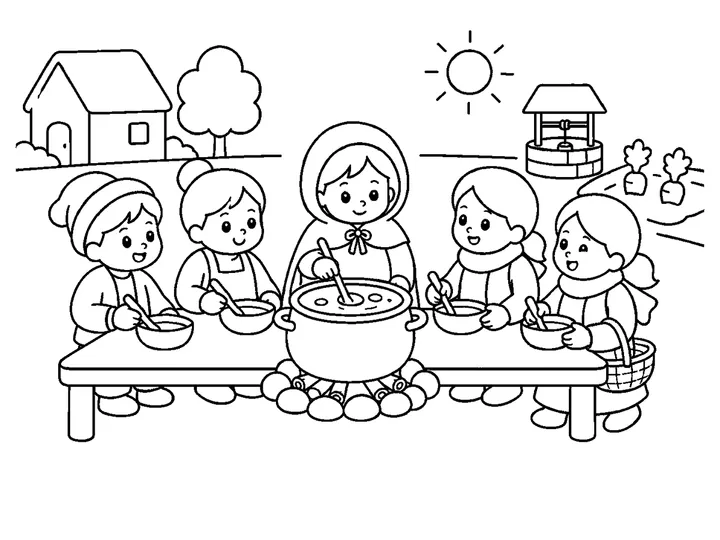The whole village sharing stone soup at one long broad table in the sunny square, printable black-and-white coloring page