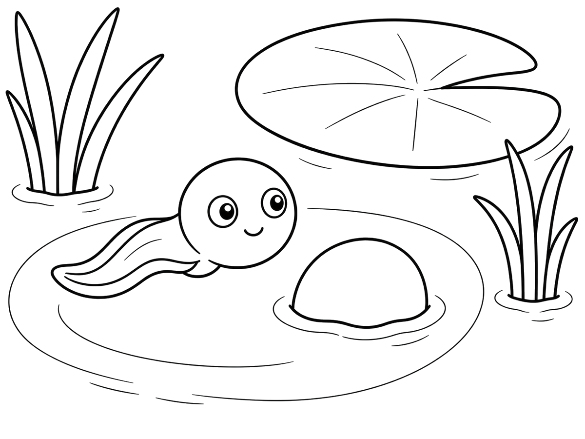 Tadpole swimming around a pond stone, printable coloring page