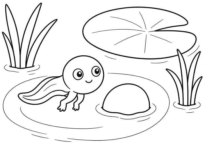 Tadpole growing back legs in a pond, printable coloring page