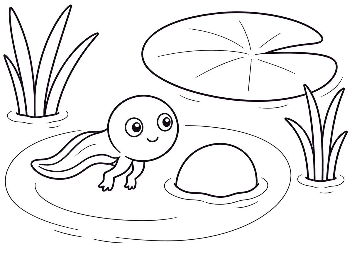Tadpole growing back legs in a pond, printable coloring page