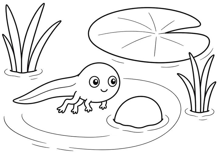 Tadpole with four legs near a lily pad, printable coloring page