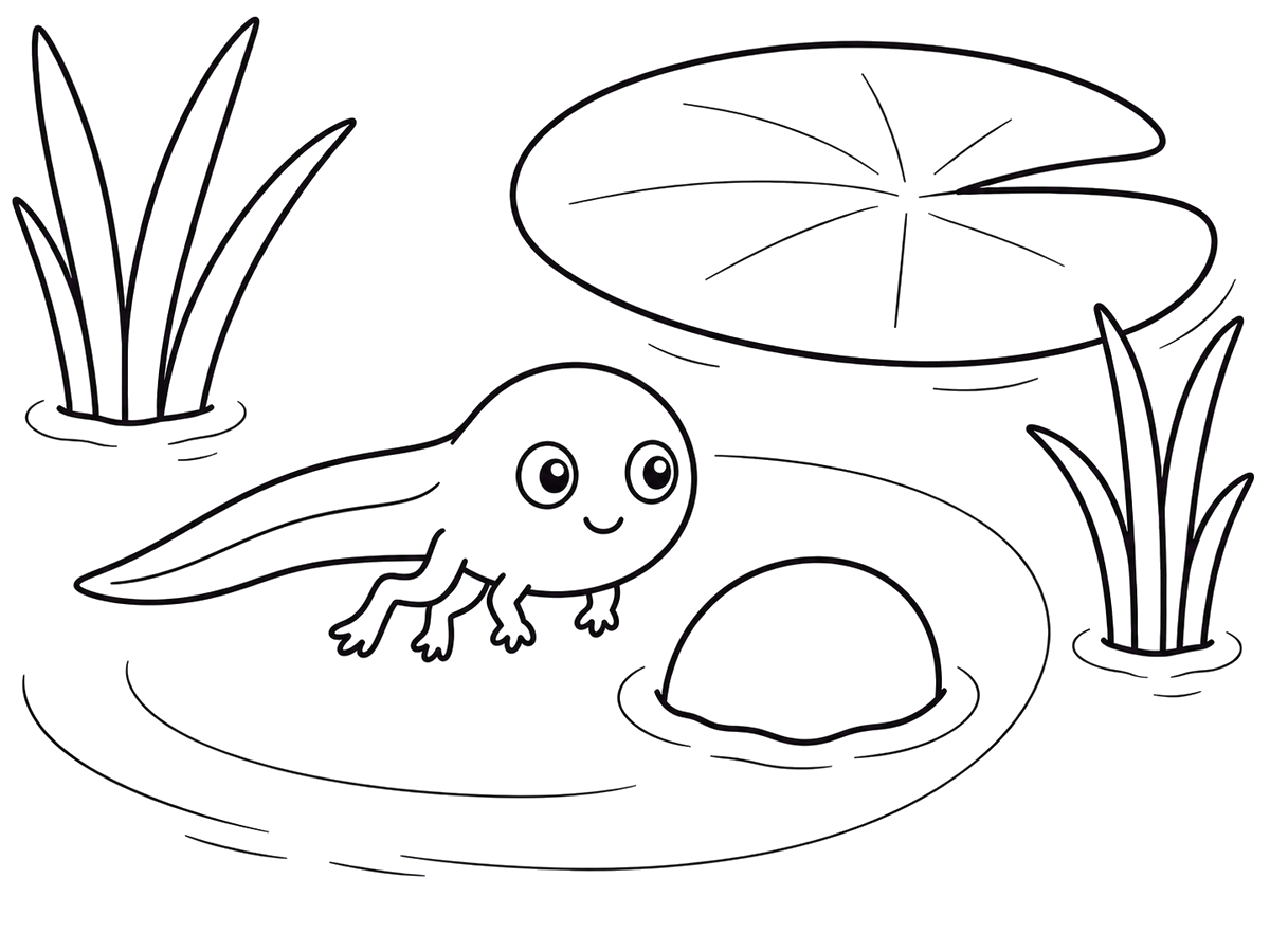 Tadpole with four legs near a lily pad, printable coloring page