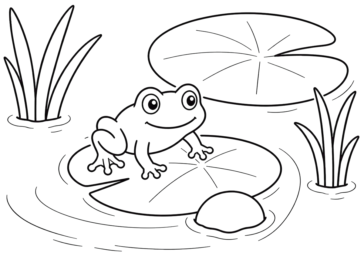 Young froglet climbing onto a lily pad, printable coloring page