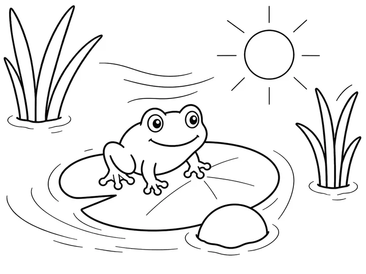 Froglet sitting in sunshine beside pond, printable coloring page