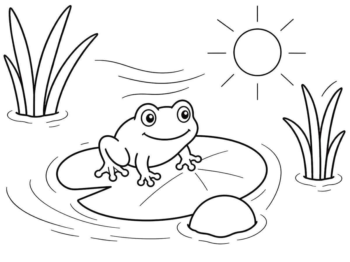 Froglet sitting in sunshine beside pond, printable coloring page