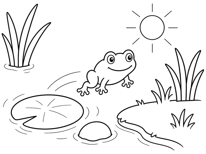 Young frog making first hop near reeds, printable coloring page