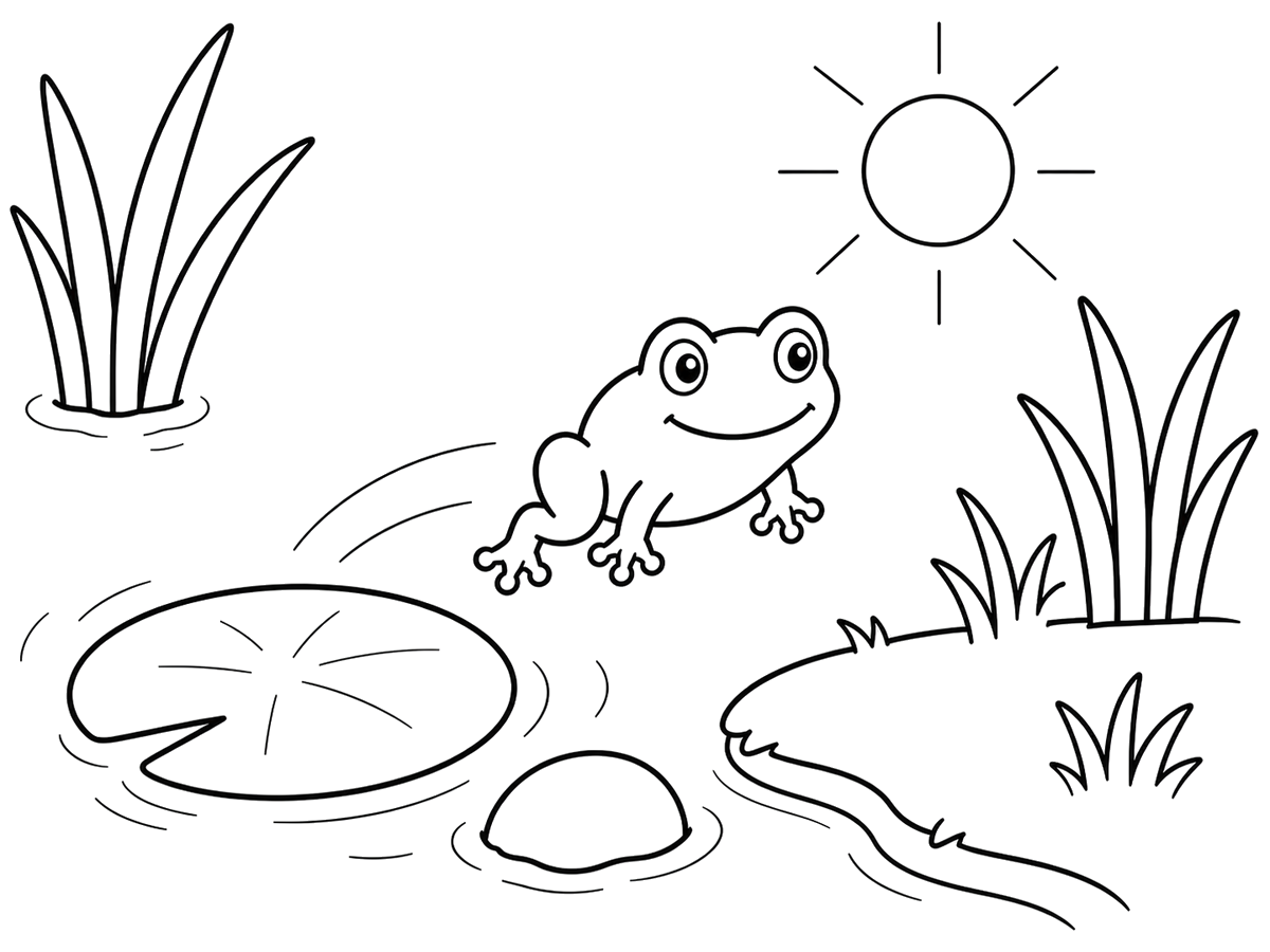Young frog making first hop near reeds, printable coloring page
