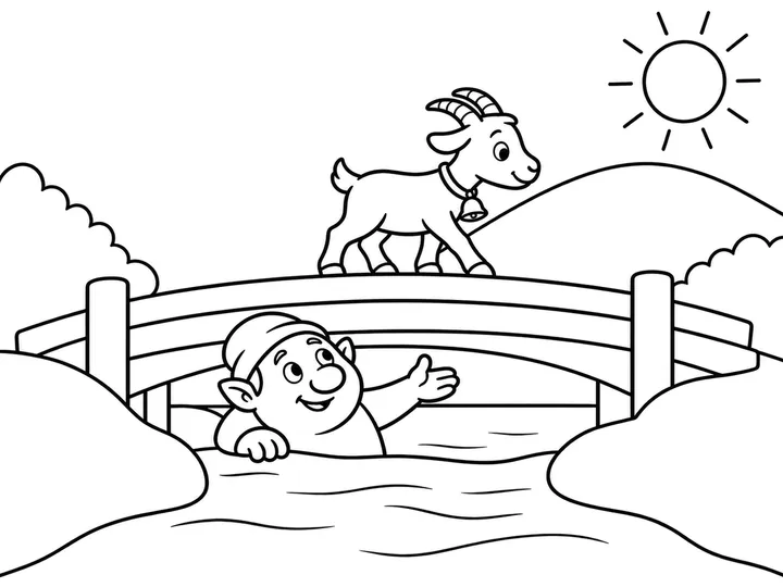 Bim continues across the bridge after telling the troll that the middle-sized goat will come next., printable black-and-white coloring page