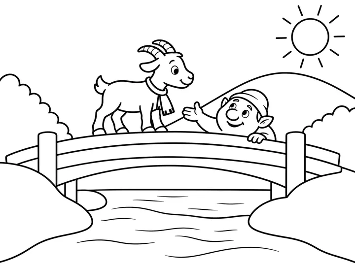 The middle-sized goat walks onto the bridge and is stopped by the gentle troll., printable black-and-white coloring page