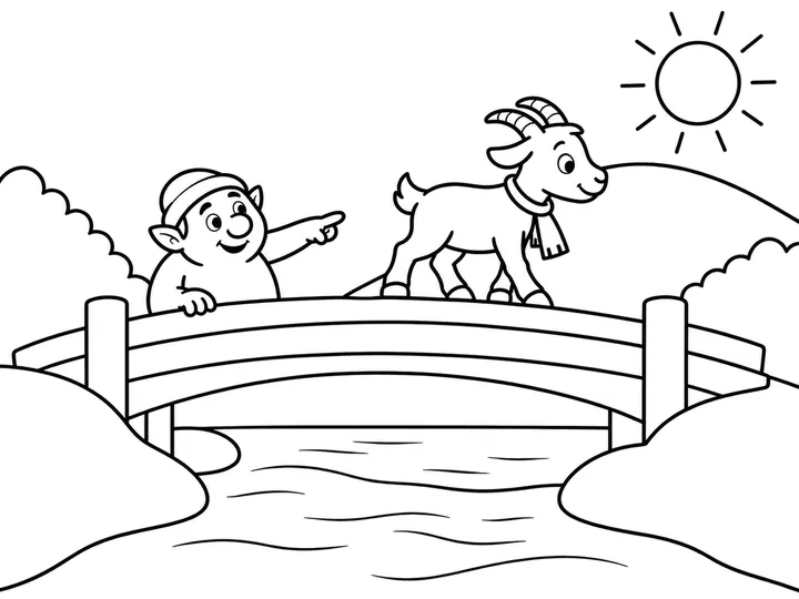 Bam continues across the bridge after telling the troll that the biggest goat will come next., printable black-and-white coloring page