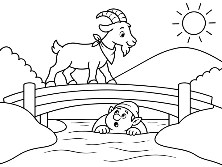 The largest goat reaches the bridge and stands bravely before the gentle troll., printable black-and-white coloring page