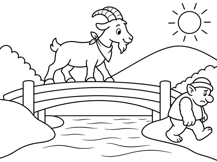 Boom stands firm while the troll turns away and leaves the bridge open., printable black-and-white coloring page