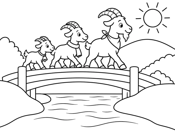 Bim, Bam, and Boom cross the open bridge together toward the green hill., printable black-and-white coloring page