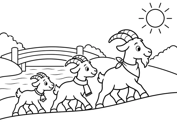 The three goats step from the bridge onto the green hillside beyond it., printable black-and-white coloring page