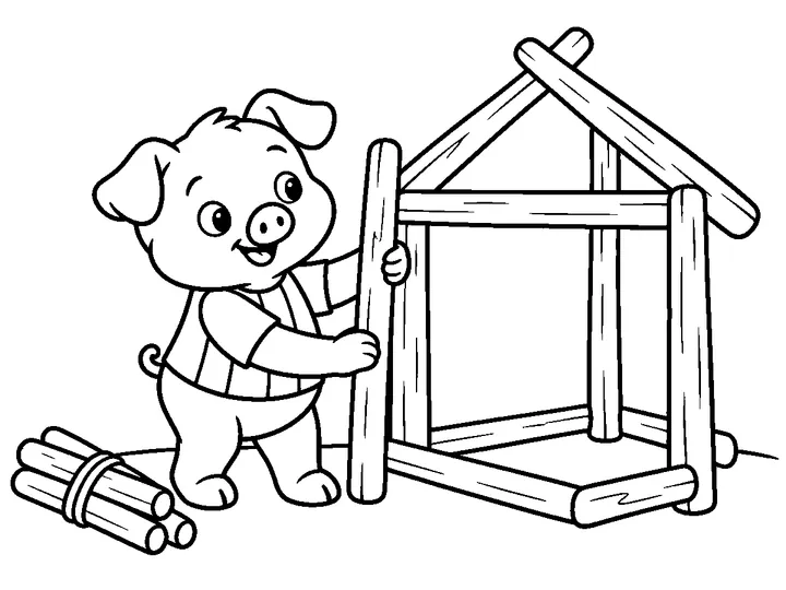 Pio, the pig with two broad shirt stripes, arranging a few smooth sticks into a simple little house frame, printable black-and-white coloring page