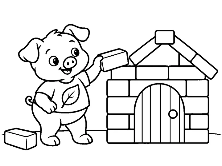 Pru, the pig with the leaf shirt marking, placing one broad brick onto a sturdy house with a large round door, printable black-and-white coloring page