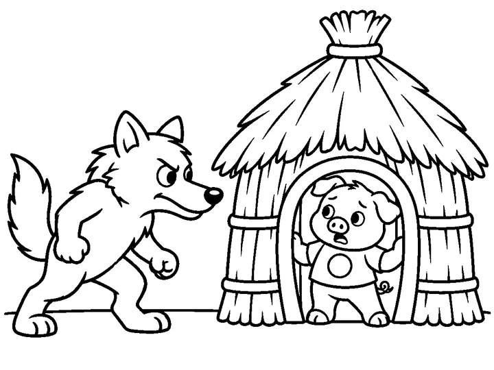 A determined gray wolf facing Pia at the doorway of her simple straw house before blowing, printable black-and-white coloring page
