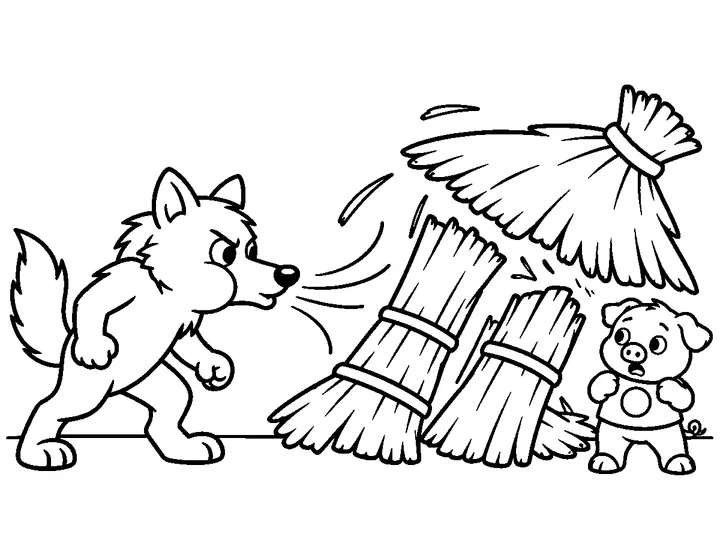 The determined wolf blowing broad wind lines as Pia's simple straw house falls into a few large bundles, printable black-and-white coloring page