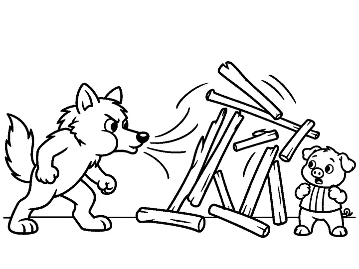The determined wolf blowing down Pio's simple stick house while Pio stands safely beside the fallen sticks, printable black-and-white coloring page