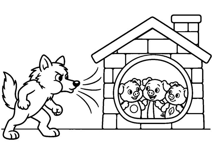 Pia, Pio, and Pru sheltering together inside the strong brick house while the wolf blows outside and cannot move it, printable black-and-white coloring page