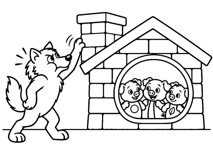 The gray wolf reaching toward the brick-house chimney but unable to enter while the three pigs stay safe inside, printable black-and-white coloring page