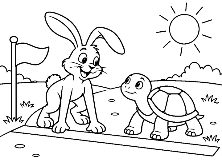 Haru the hare and Tomo the tortoise standing side by side at a broad marked starting line beside one simple flag, ready for their race., printable black-and-white coloring page