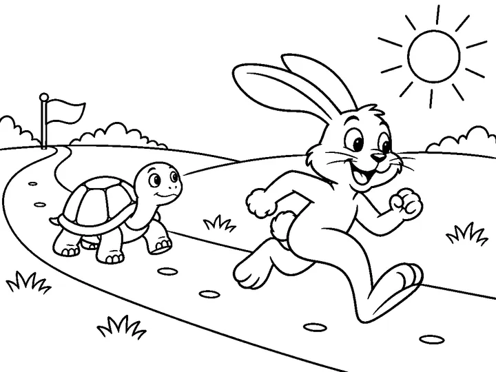 Haru the hare sprinting ahead along the meadow race path while Tomo the tortoise starts behind him; the starting flag is far back., printable black-and-white coloring page