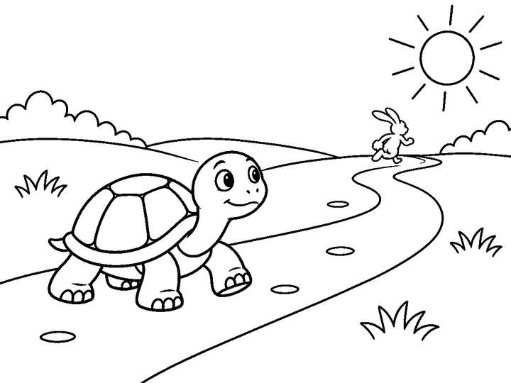 Tomo the tortoise large in the foreground taking one slow careful step along the path while Haru is a small recognizable hare far ahead., printable black-and-white coloring page